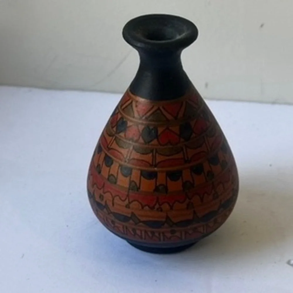 Vintage Miniature Hand Painted Pottery Vase Geometric Tribal Terracotta Black 3